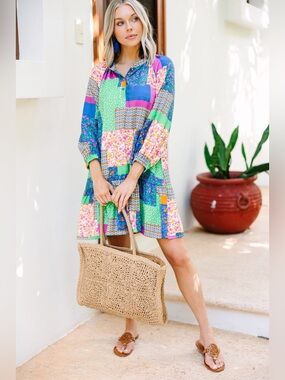 Fate “All In Good Time” Patchwork Boho Mini Dress Size S Colorful Cottagecore